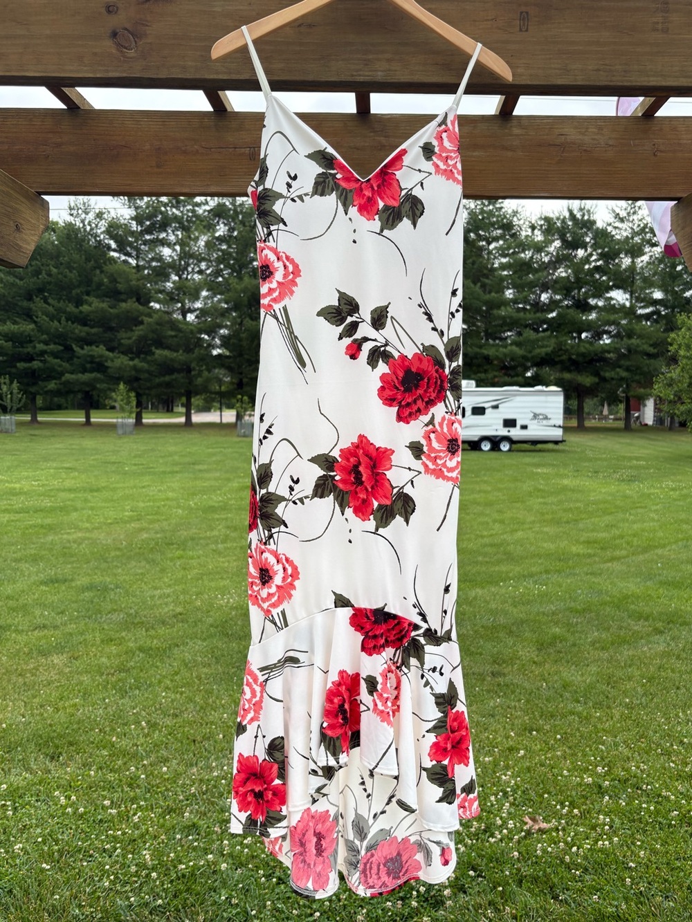 Papaya White Floral Slip Dress with Red Rose Print